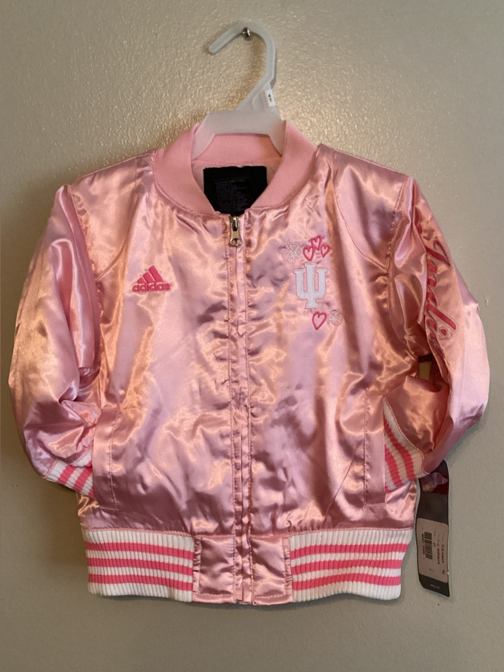 Kids Pink Satin Varsity-Style Bomber Jacket with Heart Logo
